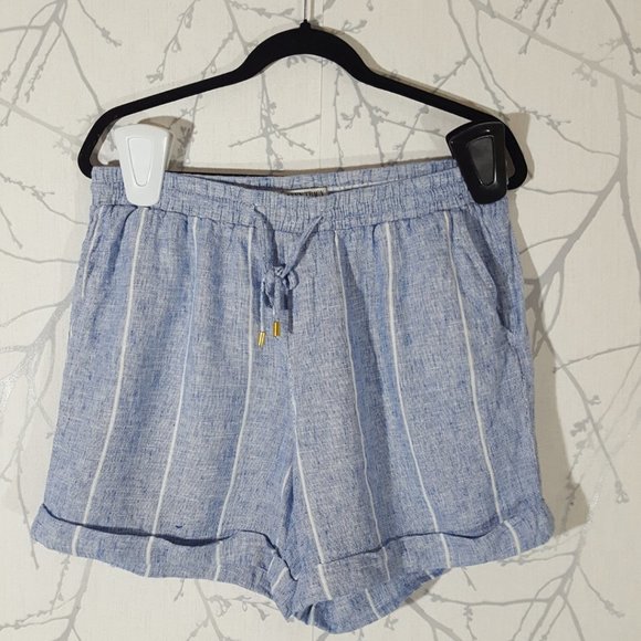 Ellen Tracy Blue Striped 100% Linen High Rise Cuffed Shorts - Picture 1 of 3